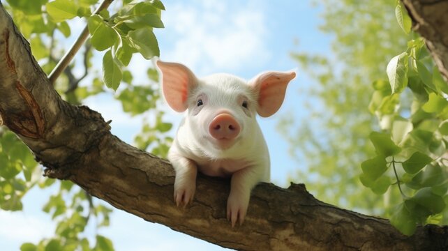 Pig animal standing in the tree AI Generated image
