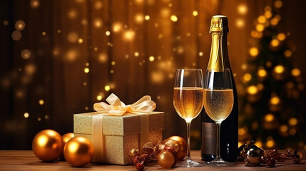 Happy new year 2024 background new year holidays card, gifts and bottle of Champagne