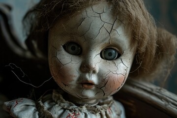 A haunted doll with cracked porcelain and a ghostly presence Old mystical scary horror doll