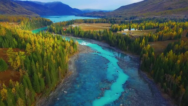 beautiful autumn landscape of Kanas Lake in the valley of Altai Mountains of Xinjiang China