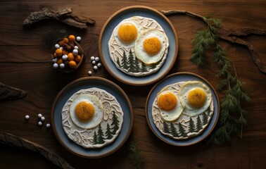 Fototapeta na wymiar Three eggs on a plate with pine trees. Generative AI.