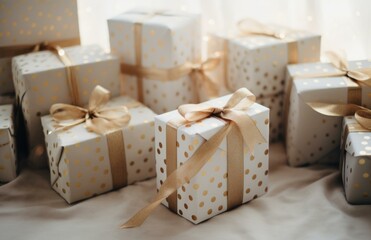 Many white and gold gift boxes with bows. Generative AI.