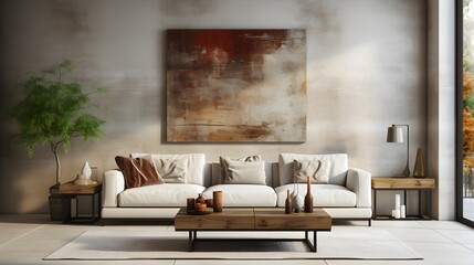 Modern living room with vacant white wall and beige couch
