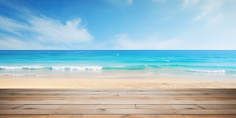 Fototapeta premium Display your products on a wooden table against a beach and summer-themed backdrop featuring a blue sea and sky.