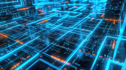 Fototapeta premium A neontinged Matrix of digital proportions lit by patterns of bright blue circuit lines
