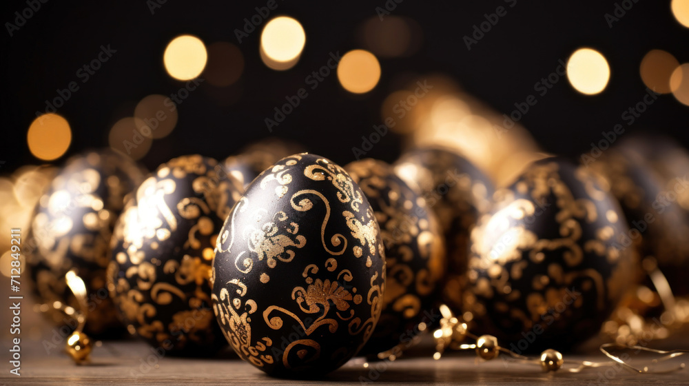 Aufkleber black easter eggs adorned with golden swirls and patterns, illuminated by soft bokeh lights in the b