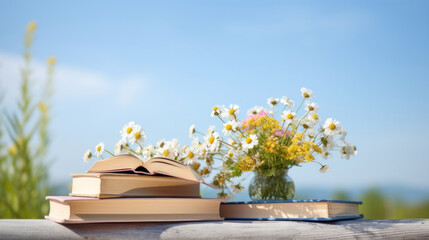 A stack of books and a bouquet of wildflowers on a rustic wooden table, against a bright outdoor backdrop.