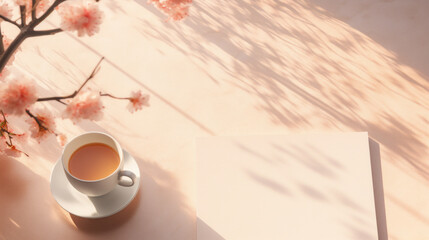 A peaceful setting featuring a cup of tea with the soft shadows of cherry blossoms, evoking a relaxing spring morning.