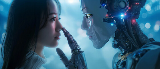A young woman and a robot with illuminated features share a close, contemplative moment, symbolizing the intersection of humanity and technology. - obrazy, fototapety, plakaty