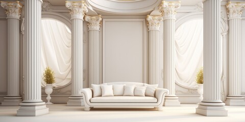 Rendered luxury villa interior, featuring columns and a white leather sofa.