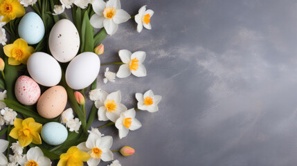 Easter composition with painted eggs nestled among vibrant daffodils on a gray textured background, celebrating springtime.