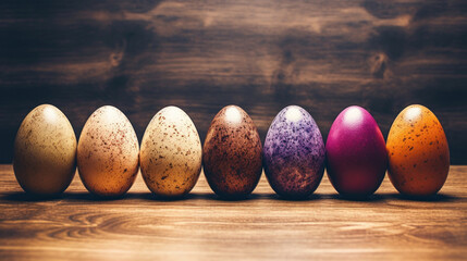 A diverse selection of multicolored Easter eggs lined up on a wooden surface, representing holiday traditions.