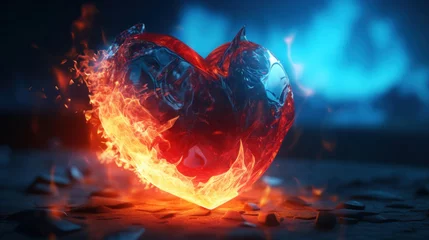 Fototapeten A concept image showing a heart with one side in flames and the other in icy blue, symbolizing contrast. © tashechka