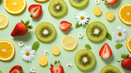 Bright and vibrant sliced fruits with strawberries, kiwis, and oranges, accompanied by daisies on a green backdrop.