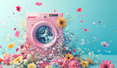washing machine in a washing machine, Purple Harmony: Washing Machine and Fresh Flowers in a Concept of Cleanliness and Freshness, Creative scene with a washing machine from which explodes a lot 