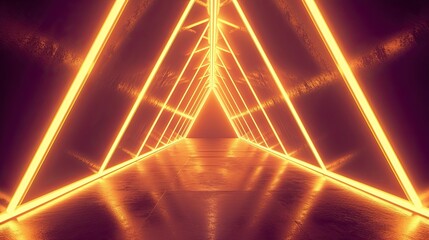 Neon light abstract background. Triangle tunnel or corridor sepia colors neon glowing lights.