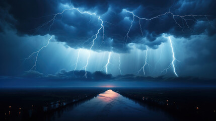 Majestic lightning bolts strike from a night sky, casting a glow over a tranquil river, a spectacular display of nature's electricity.