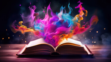 Vivid and colorful magical flames rise from the pages of an open book, suggesting a captivating fantasy tale.