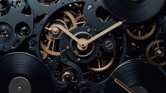 The elegant movements of a clockwork mechanism made entirely out of vinyl records representing the intricate and meticulous nature of DJing and music production