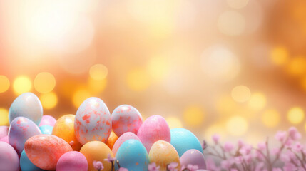 Fototapeta na wymiar Soft pastel-colored Easter eggs arranged artistically with a golden glow and bokeh lights, evoking the warmth of the holiday.