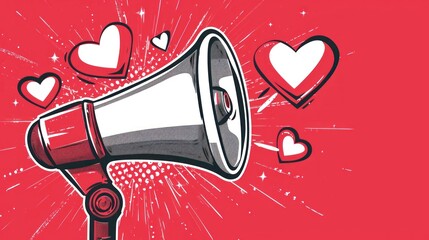 megaphone taking out valentines day hearts on red background. valentines day concept hd 4k - obrazy, fototapety, plakaty