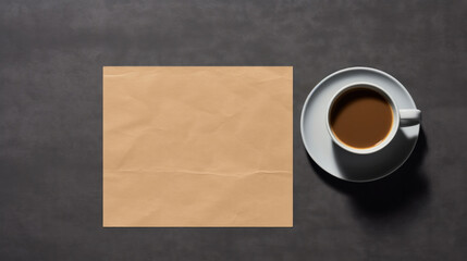 A professional mockup featuring a cup of coffee and a brown craft paper on a sleek black background, perfect for branding presentations.