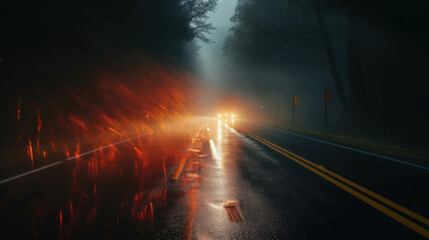 Rainy Road Illuminated by Car Lights at Night