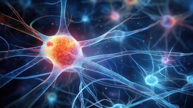 An intricate network of neural pathways displayed through a microscope, highlighting how the brain processes and interprets sensory information. This closeup image showcases the complex connection