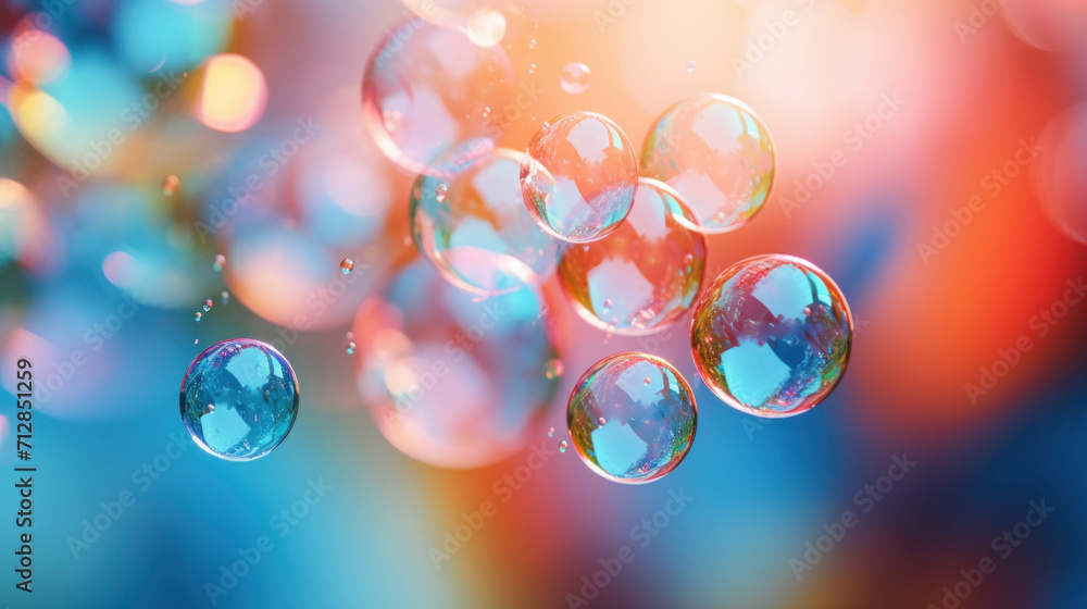 Poster colorful and transparent soap bubbles floating in the air with reflections and a vibrant bokeh backg