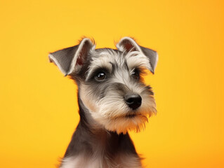 Portrait of a young Schnauzer puppy with a quizzical look, set against a vibrant yellow background, showcasing its personality.