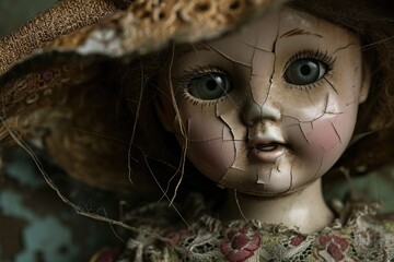 A haunted doll with cracked porcelain and a ghostly presence Old mystical scary horror doll