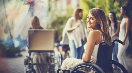 A joyful young woman in a wheelchair sharing a laugh with friends outdoors, showcasing inclusivity and happiness. - obrazy, fototapety, plakaty