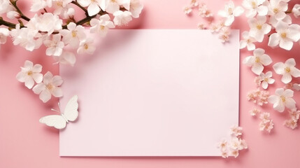 Fototapeta na wymiar Springtime concept with a white blank card surrounded by cherry blossoms on a soft pink background, featuring a white butterfly.