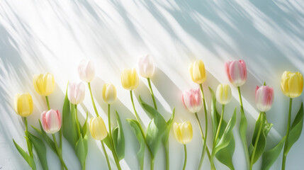 Row of tulips enjoying the warm sunlight against a white textured background, evoking a refreshing spring day.