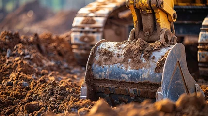 Foto op Plexiglas Backhoe working by digging soil at construction site. Crawler excavator digging on soil. Excavation vehicle. © morepiixel