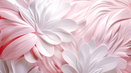 Obraz premium White, pink floral leaves 3d effect wall texture, flower background illustration banner. Graphic resource abstract, feminine pink flower leaves, romantic vacation panorama by Vita