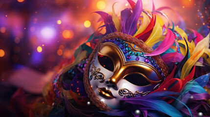 A luxurious Venetian mask adorned with colorful feathers and jewels, capturing the spirit of carnival and celebration.