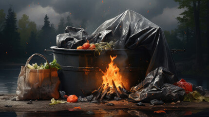 A conceptual scene of waste pollution with a burning trash bin and scattered garbage, highlighting environmental challenges.