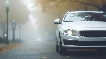 A white car parked on a serene, foggy street in a residential area, with autumn leaves scattered on the road.