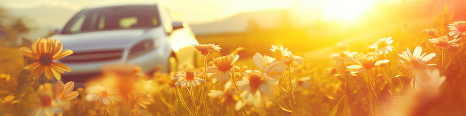 A white car drives on a country road through a lush meadow of wildflowers, illuminated by the warm sunrise.