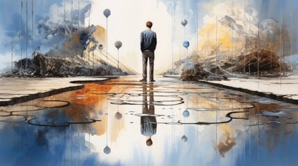 A mixed media artwork featuring a person staring at their reflection in a puddle, with various stages of their life depicted around them, highlighting the everevolving nature of human development. - obrazy, fototapety, plakaty