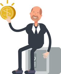 Old Businessman Character Sitting on Safe and Holding Idea bulb
