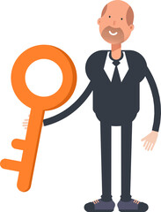 Old Businessman Character Holding Key
