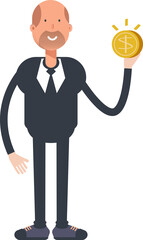 Old Businessman Character Holding Dollar Coin
