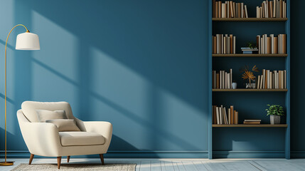 Beige armchair near sofa. Book shelf and floor lamp against blue wall. Scandinavian home interior design of modern living room