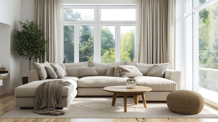 Beige fabric sofa against window. Boho home interior design of modern living room 