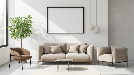 Beige sofa and armchair near white wall. Interior design of modern living room with empty blank mock up poster frame