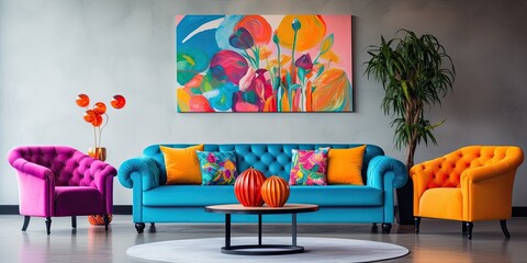 Stunning arrangement of a blue sofa and vibrant chairs adorned with colorful pillows.