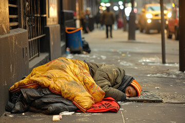 Image of a homeless person sleeping on the street of new york city