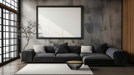 Japanese style home interior design of modern living room. Grey sofa with black cushions against wall with poster frame
